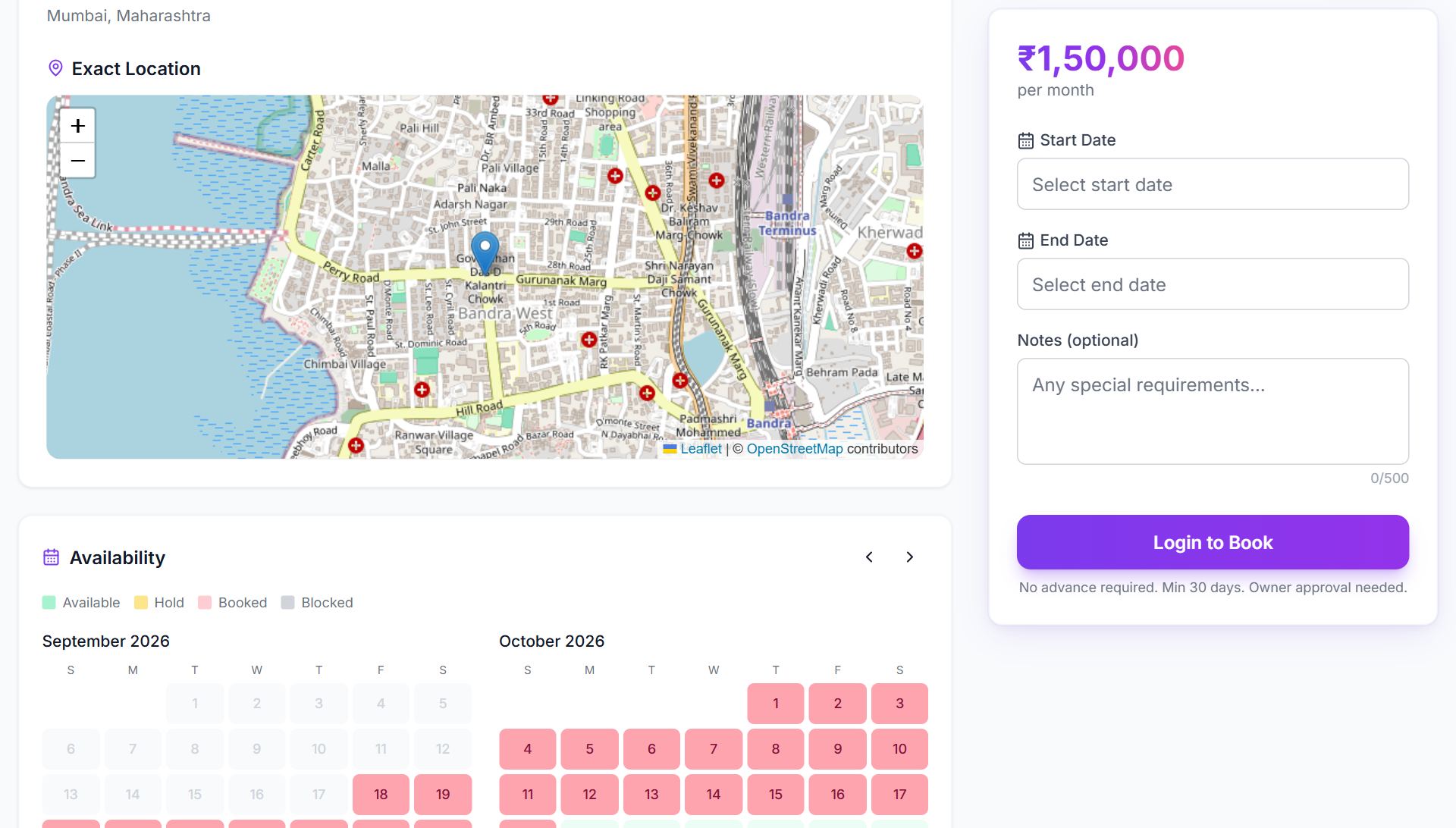 A HarBoardPe billboard page showing its location map, availability calendar and monthly price